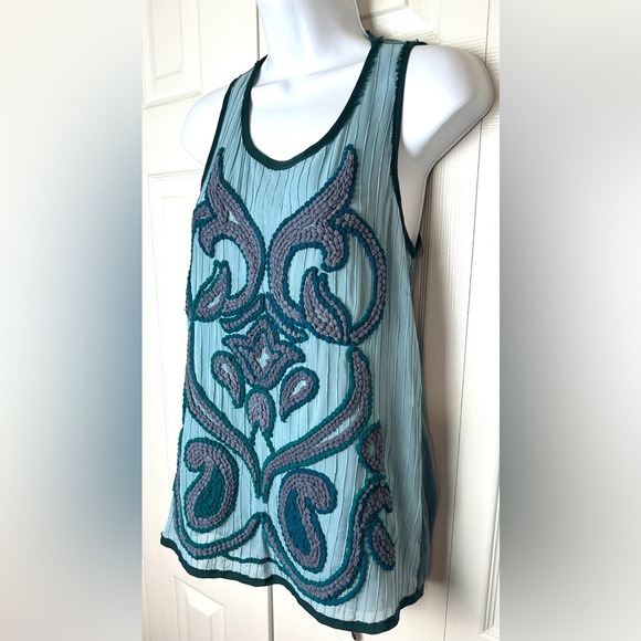 Anthro DOLAN Acadia Embroidered Tank Top Scroll Paisley Teal Blue Green Textured - Picture 3 of 11